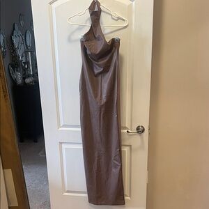 Naked Wardrobe faux leather Halter Neck Maxi Dress in Mauve with a lining